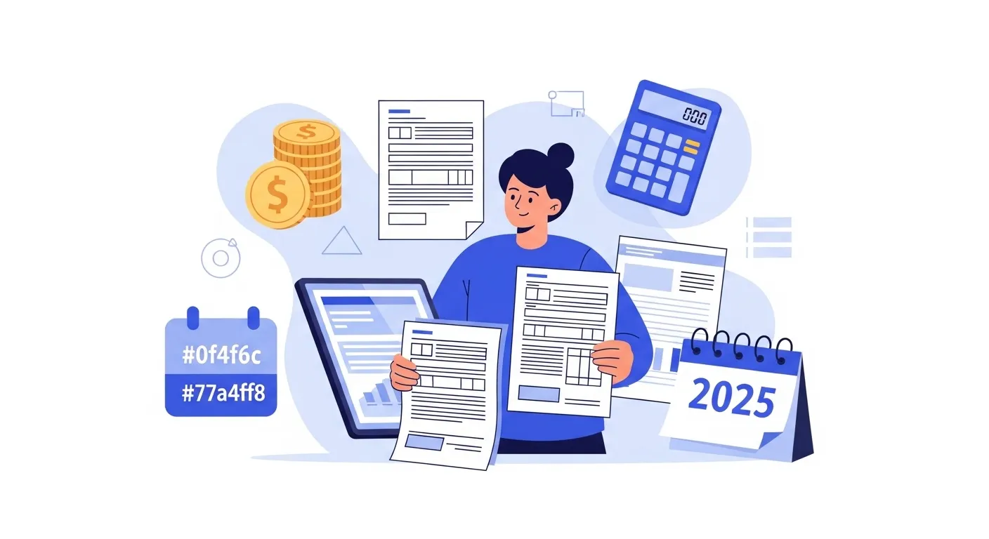 이것만 알면 끝!/종합소득세 폭탄 피하는 8가지 비법 서류와 노트북으로 종합소득세를 정리하며 절세하는 사람의 모습, 2025년 세금 절약을 상징.