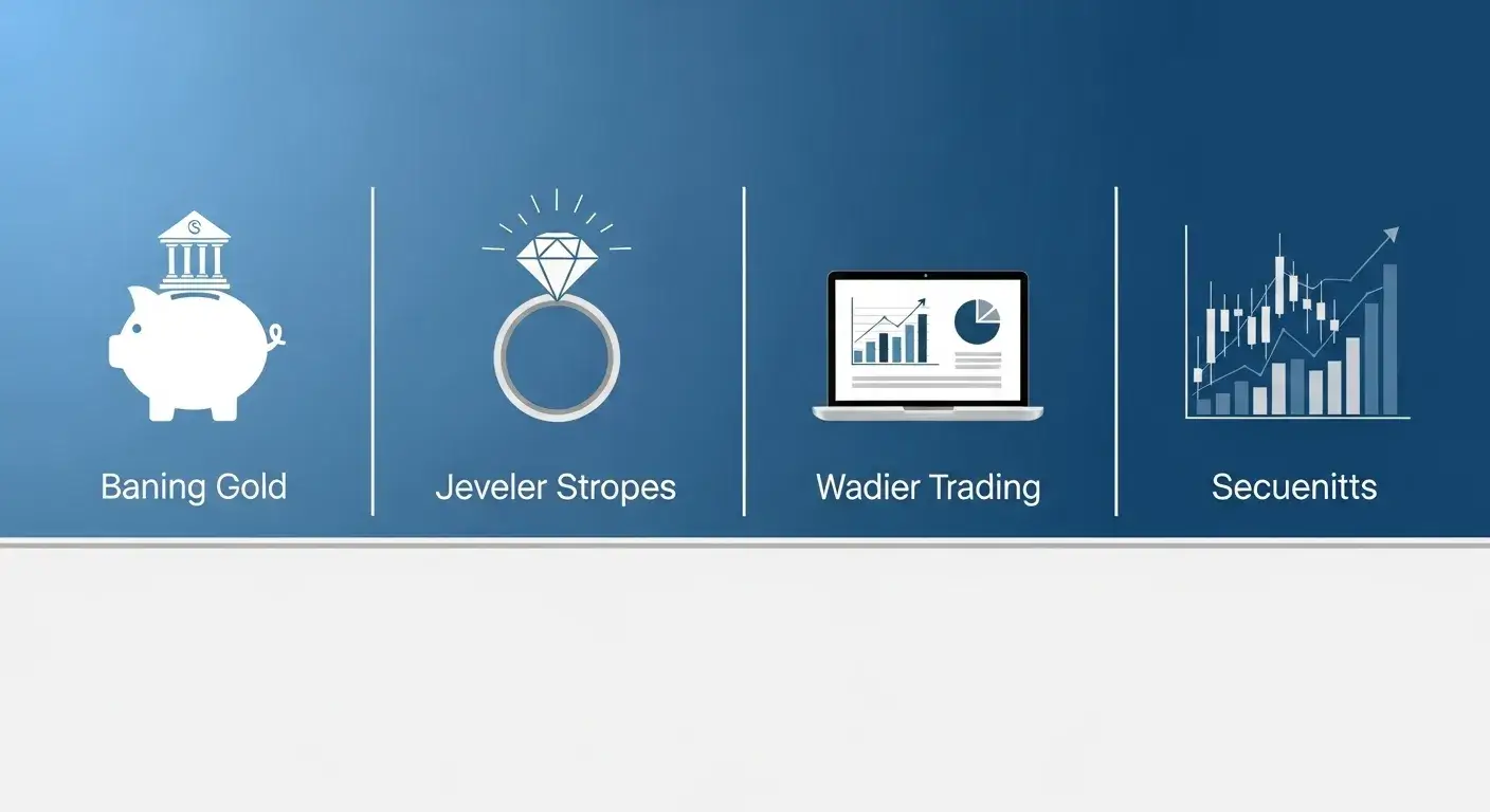 2026년 금 한돈 매입, 가장 현명한 방법은? 은행, 금은방, 온라인 거래소, 증권사를 상징하는 아이콘(저금통, 반지, 노트북, 주식 그래프)이 깔끔하게 배열된 금 매입 방법 비교 시각 자료.