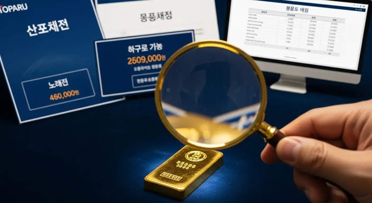 2026년 금 한돈 매입, 가장 현명한 방법은? 금괴 위로 돋보기를 들고 검토하는 손과 함께, 인증서, 시장 가격, 수수료 구조 등 금 매입 시 고려할 요소들을 보여주는 정보성 이미지.